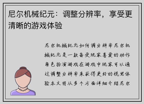 尼尔机械纪元：调整分辨率，享受更清晰的游戏体验