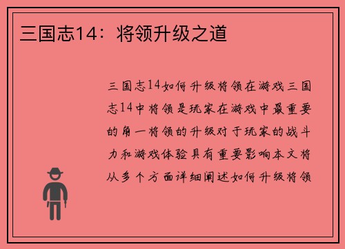 三国志14：将领升级之道