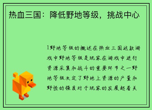 热血三国：降低野地等级，挑战中心