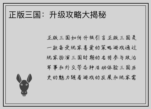 正版三国：升级攻略大揭秘